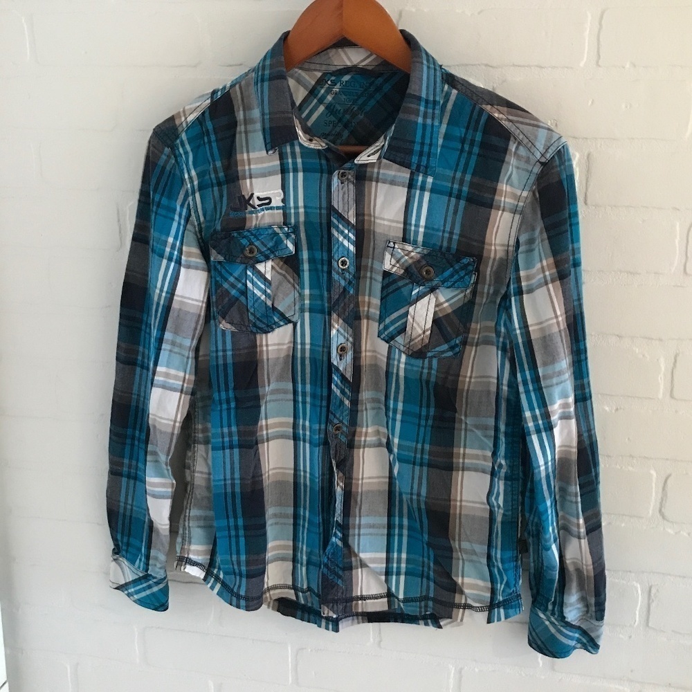 JKSR Boy’s Button down shirt Plaid Blue White Black long sleeve Size XL